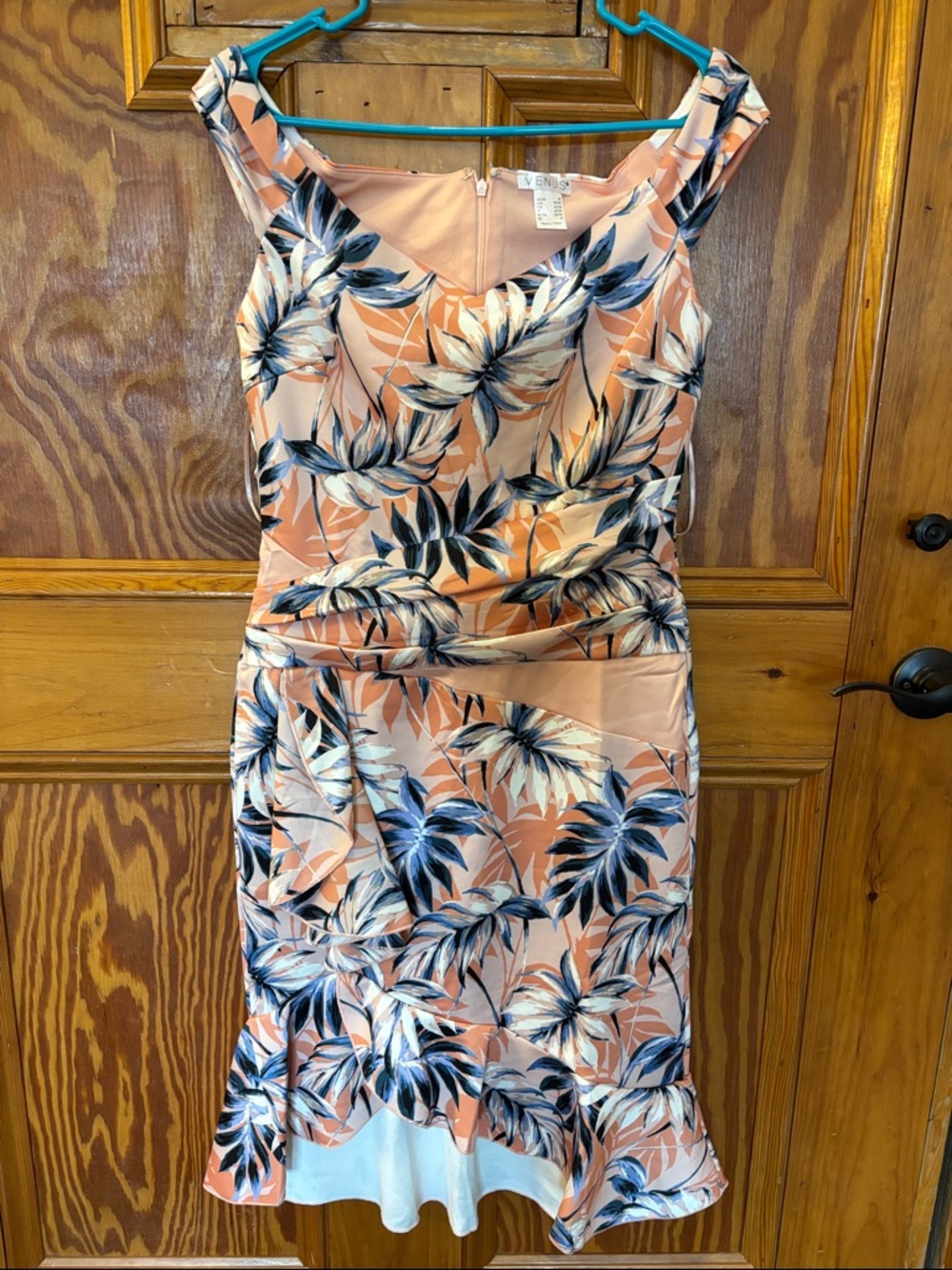 VENUS Peach Floral scuba Midi Dress with Navy and White Leaves